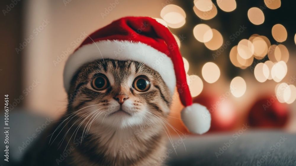 A playful kitten wearing a Santa hat sits beside a beautifully decorated Christmas tree in a cozy living room setting A playful kitten wearing a Santa hat sits beside a beautifully decorated Christmas tree in a cozy living room setting