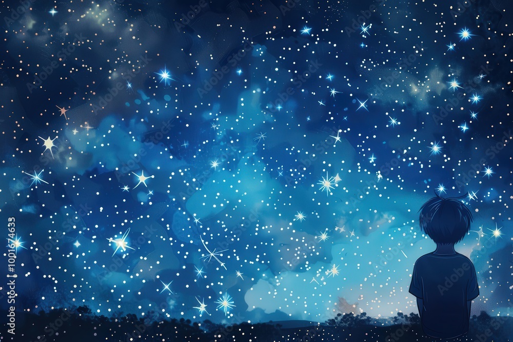 A boy is looking up at the stars in a blue sky. generative ai image A boy is looking up at the stars in a blue sky. generative ai image