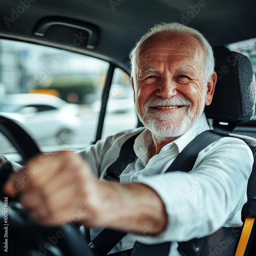 Elderly European taxi driver smiling happily while driving in the city during daytime