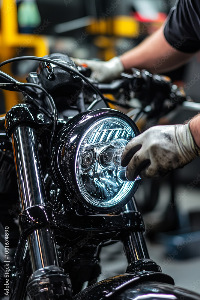 Fototapeta premium Motorcycle headlights being polished for maximum clarity
