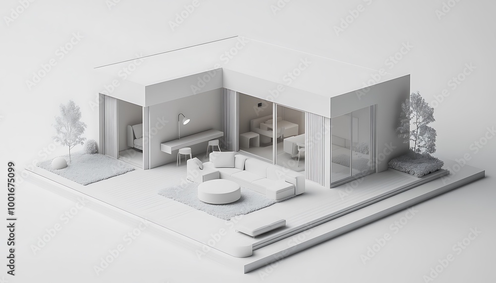 White 3D model of a modern house with a large living room and outdoor patio. White 3D model of a modern house with a large living room and outdoor patio.