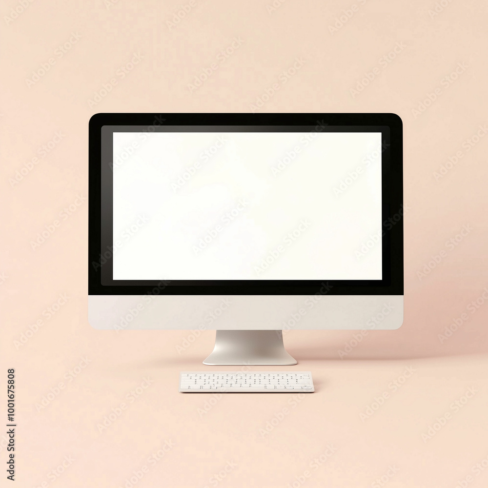 A simple white computer monitor with a blank screen on a minimalistic desk setting A simple white computer monitor with a blank screen on a minimalistic desk setting