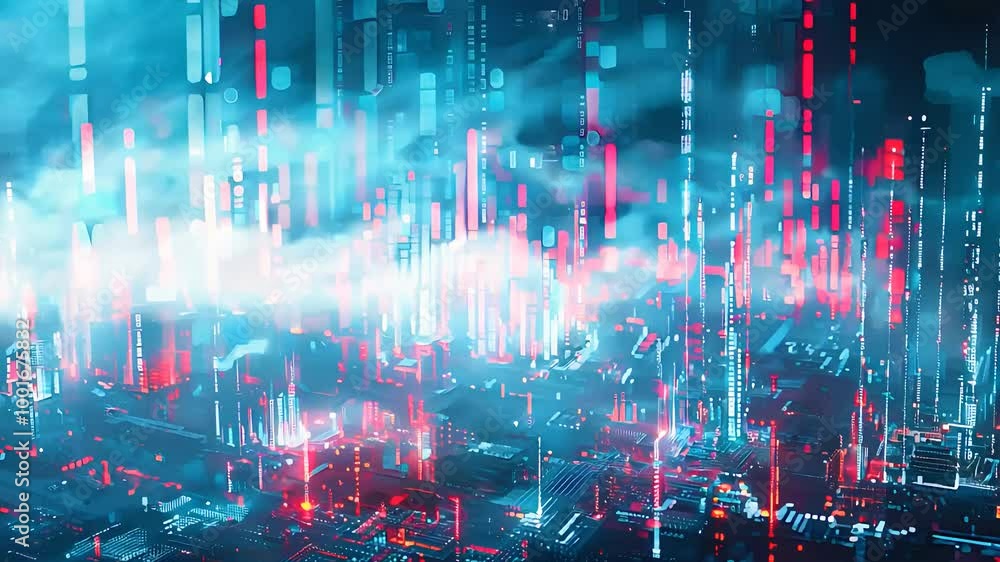 Futuristic digital cityscape with glowing skyscrapers, dynamic data streams, neon light patterns, and a high-tech, cyberpunk atmosphere. Futuristic digital cityscape with glowing skyscrapers, dynamic data streams, neon light patterns, and a high-tech, cyberpunk atmosphere.