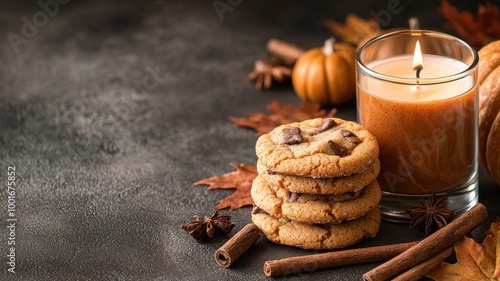 Delicious cookies with a candle, autumn leaves, and pumpkin on a rustic background.