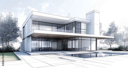 Modern house sketch with swimming pool and backyard