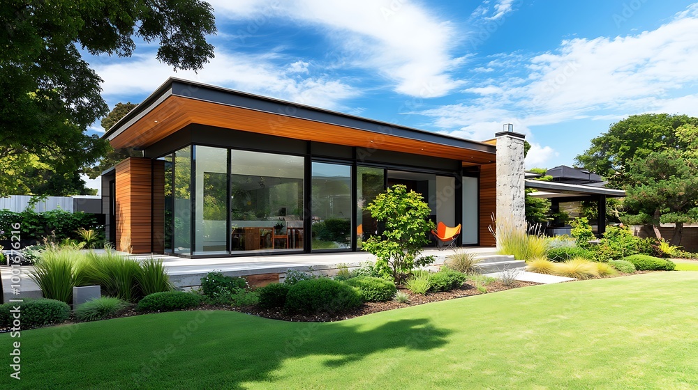 Modern house with large windows and a beautiful garden Modern house with large windows and a beautiful garden