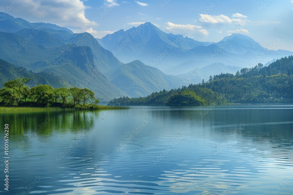 A beautiful mountain range with a lake in the middle, generative ai image A beautiful mountain range with a lake in the middle, generative ai image
