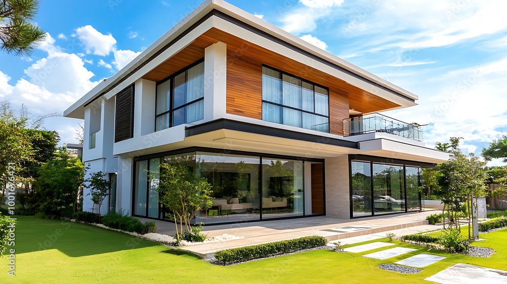 Modern two story house with large windows, wooden accents, and manicured lawn