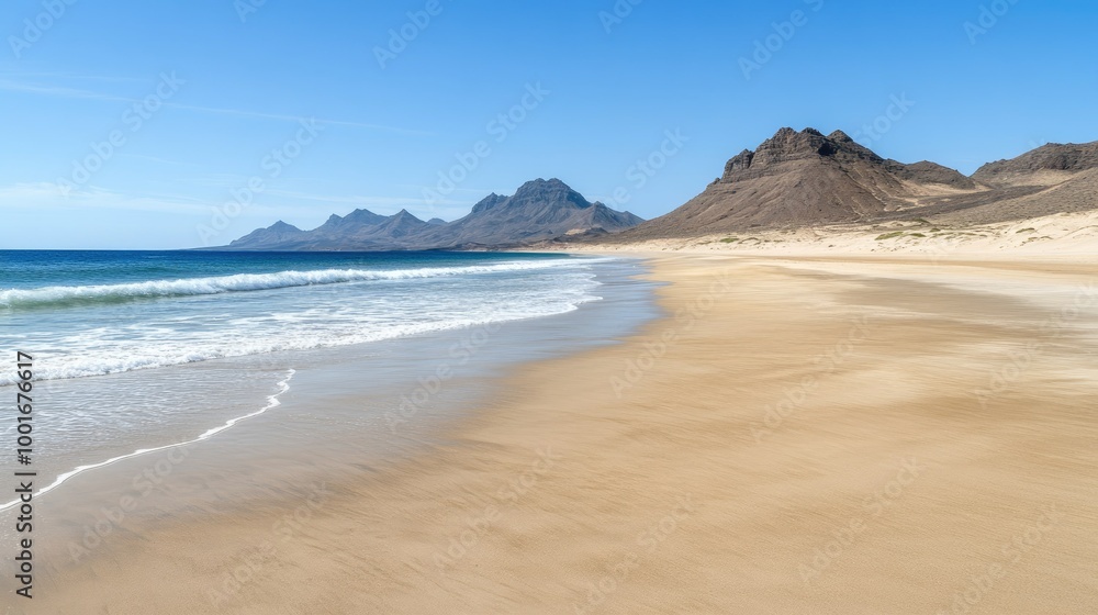 A beautiful, wide, sandy beach with clear blue water lapping the shore and a mountain range in the background.