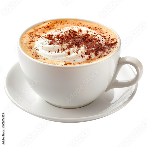 Cappuccino coffee isolated on white or transparent background. Cappuccino coffee in a white small plate close-up. Side view. Traditional Italian breakfast.