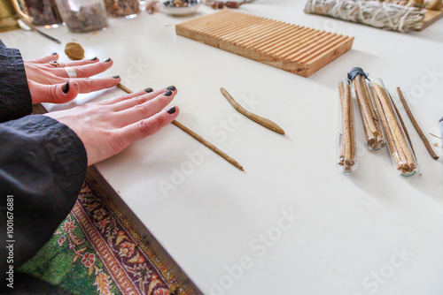 Closeup view of incense sticks. photo