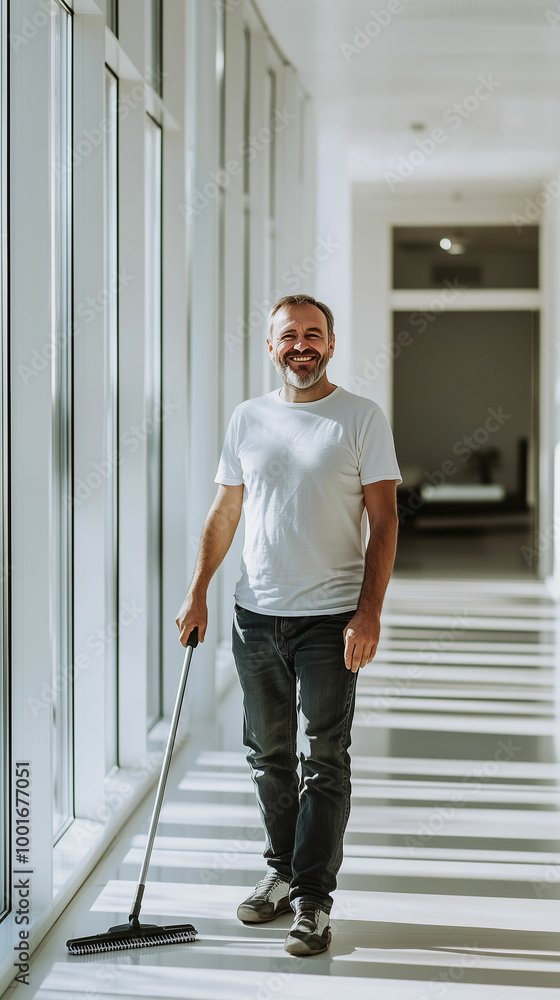 Middle-aged European man smiles while mopping a bright corridor during daytime Middle-aged European man smiles while mopping a bright corridor during daytime