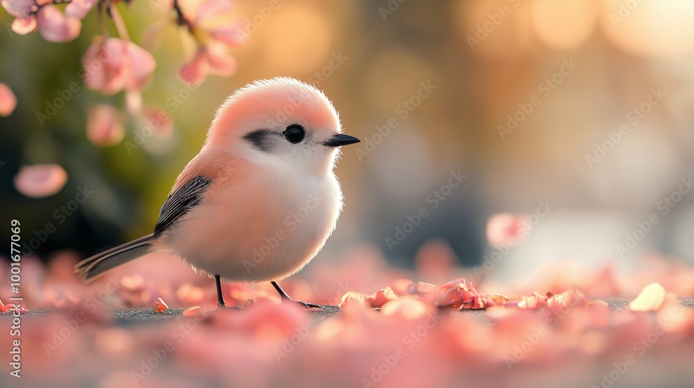 Fototapeta premium Adorable Pink Bird Perched on Cherry Blossom Petals in Soft Spring Light