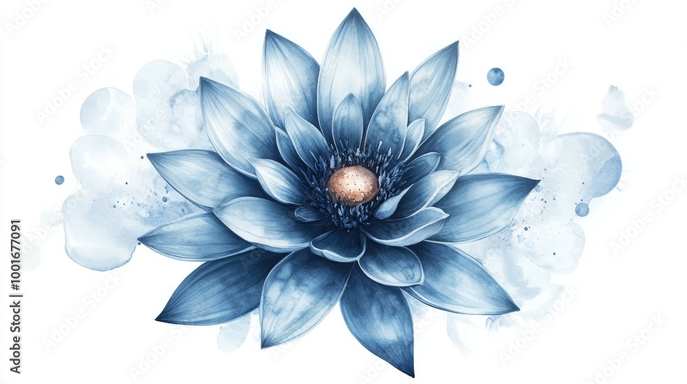 Obraz premium A blue lotus flower with a golden center against a white background with blue watercolor splatter.