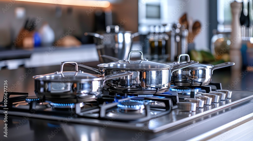 Three pots on a gas stove in a kitchen, with blue flames burning underneath. Three pots on a gas stove in a kitchen, with blue flames burning underneath.