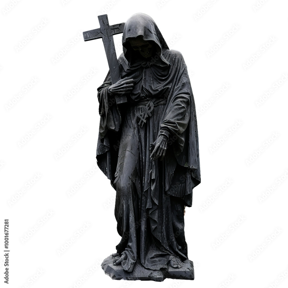 Obraz premium Dark angel statue holding a cross, isolated on a white background, conveying concepts of death, mourning, and the afterlife