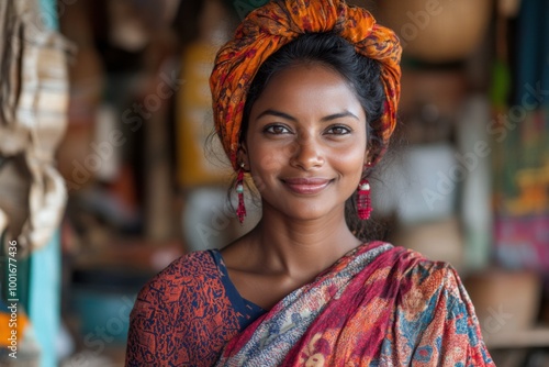 Vibrant Portrait of a Smiling Woman in Traditional Attire photo