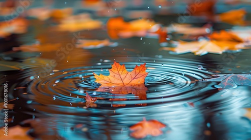 Autumn maple leaves on water surface with ripples and drops