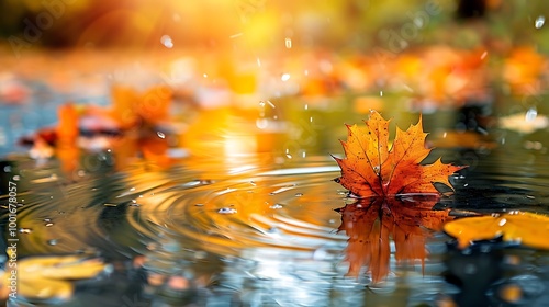 Fallen maple leaf on the water with water drops. Autumn background