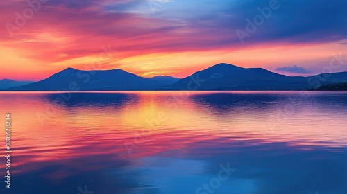 A breathtaking sunset over a still lake, with mountains silhouetted against the sky. The water reflects the vibrant colors of the sky, creating a beautiful and peaceful scene.