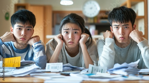 Financial Stress: Young Asian Adults Overwhelmed by Bills and Mortgages in Ultra-Realistic Scene