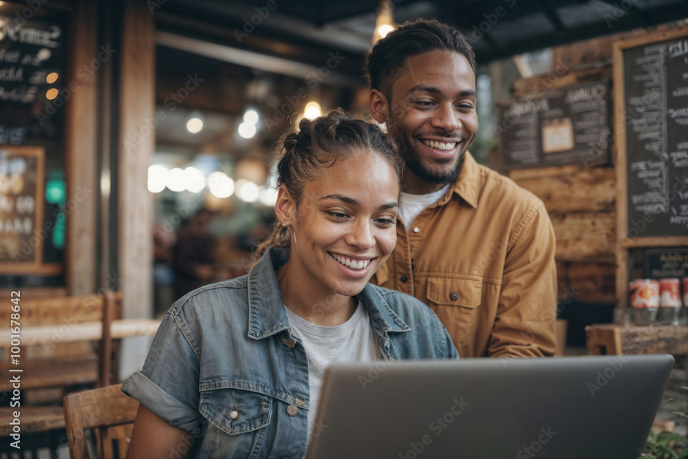 Happy African couple are using a laptop in a street night restaurant. They are happy and smiling Happy African couple are using a laptop in a street night restaurant. They are happy and smiling