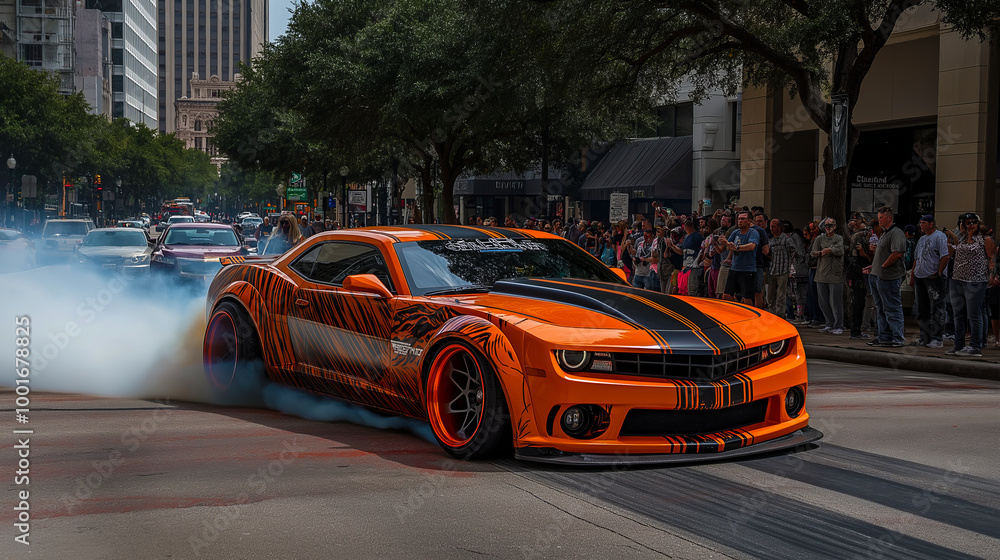 Obraz premium A sports car powers down the street at high speed creating an intense sense of motion as it races past buildings under the city lights