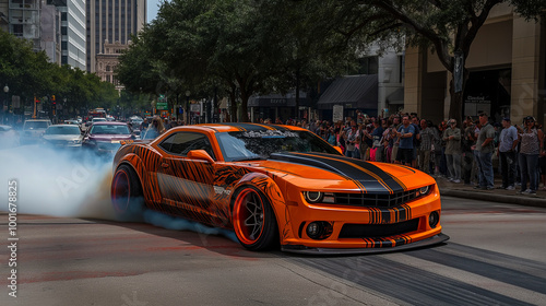 A sports car powers down the street at high speed creating an intense sense of motion as it races past buildings under the city lights photo