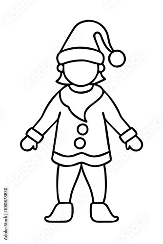 coloring Cozy Santa outline with winter warmth Christmas Comfort Cheer in festive costume and scarf on white background with space