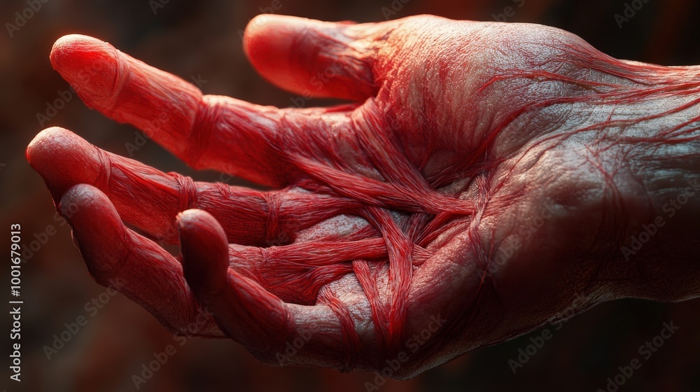 Fototapeta premium Vivid Close-Up of Inflamed Human Hand - Detailed Ligaments, Swollen Areas, Cinematic Lighting, Pastel Background