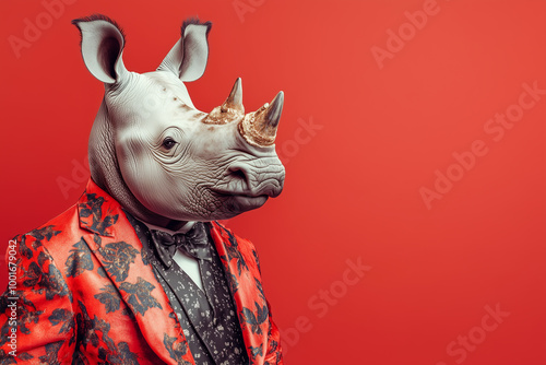 Creative animal concept. Rhinoceros in glam fashionable couture high end outfits isolated on bright background advertisement, copy space. birthday party invite invitation banner photo