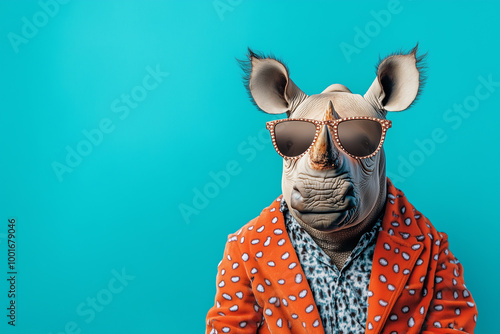 Creative animal concept. Rhinoceros in glam fashionable couture high end outfits isolated on bright background advertisement, copy space. birthday party invite invitation banner photo