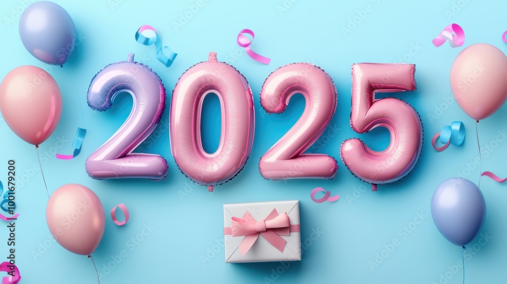 New Year 2025 celebration setup with balloons and gifts New Year 2025 celebration setup with balloons and gifts
