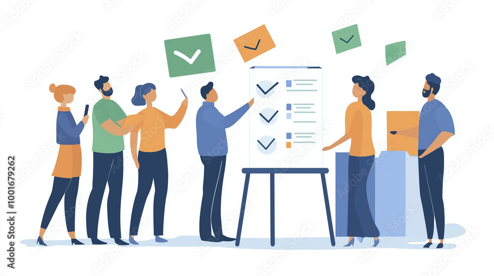 Busy office scene with workers discussing project, checking tasks off list. Teamwork, planning, and progress highlighted. Illustration of corporate teamwork and achievement Busy office scene with workers discussing project, checking tasks off list. Teamwork, planning, and progress highlighted. Illustration of corporate teamwork and achievement