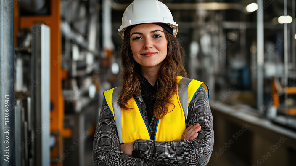 Female Engineer In A High Visibility Vest And Hard Hat Standing With Arms Crossed Looking At The Camera Smiling, With A Factory Background Female Engineer In A High Visibility Vest And Hard Hat Standing With Arms Crossed Looking At The Camera Smiling, With A Factory Background