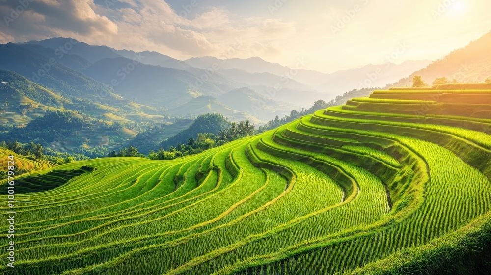 A breathtaking view of a lush green rice paddy field on a hillside with a mountain range in the background, bathed in the golden light of sunset. A breathtaking view of a lush green rice paddy field on a hillside with a mountain range in the background, bathed in the golden light of sunset.