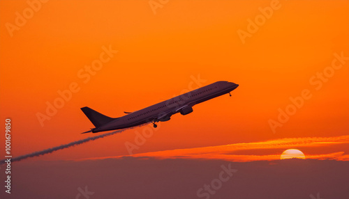 Wallpaper Mural A commercial airplane flying through an orange sky during sunset, leaving a trail of white exhaust behind and Copy Space Torontodigital.ca
