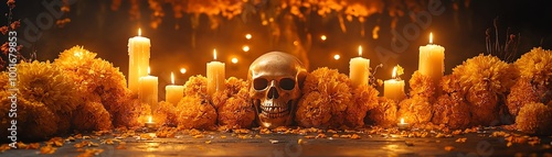 Luxurious golden altar with skulls and candles arranged with marigolds, leaving space for copy in a dark setting