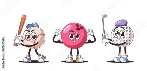 Cartoon Illustration Featuring Three Retro Style Sports Balls With Cute Facial Expressions. Vector Funny Baseball