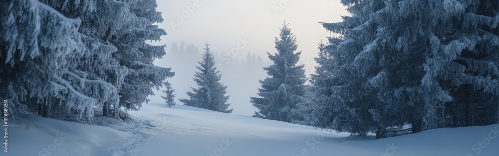 Obraz premium Snow-covered forest pathway in a serene, wintry landscape during early morning light. Wide web banner.
