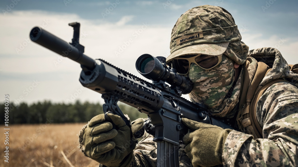Camouflaged soldier aiming rifle during tactical mission Camouflaged soldier aiming rifle during tactical mission
