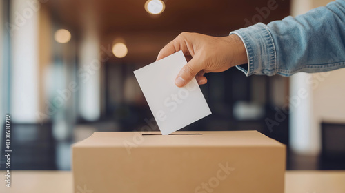 Voter carefully placing a blank ballot in a box at a polling station, symbolizing democracy in action with freedom and civic duty