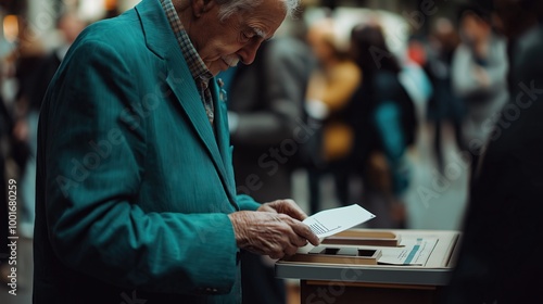 Elderly man in teal suit reads leaflet at interactive exhibition, showing curiosity and engagement. Surrounded by modern technology, he reflects wisdom and experience