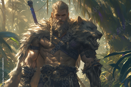 stalwart barbarian with a wolf pelt over shoulder stands vigilant in the jungle