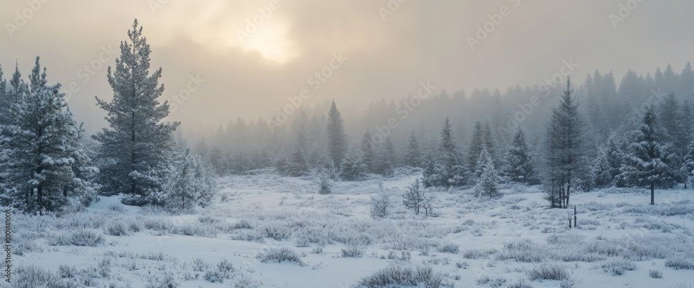 Fototapeta premium Winter landscape with fog and snow-covered trees at sunrise in a serene outdoor setting. Wide web banner.