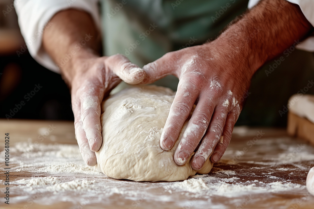 Baker kneading dough on floured wooden table against modern kitchen background, pastry and baking theme.
