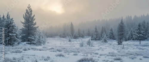 Winter landscape with fog and snow-covered trees at sunrise in a serene outdoor setting. Wide web banner.