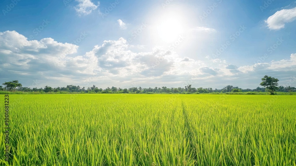 A bright, sunny day with a vast field of green rice paddy extending to the horizon, under a clear blue sky with puffy white clouds. A bright, sunny day with a vast field of green rice paddy extending to the horizon, under a clear blue sky with puffy white clouds.