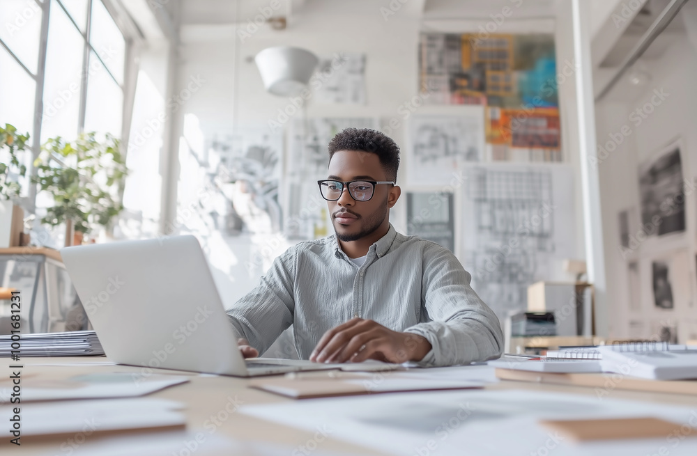 A professional photo of a man sitting at his desk in front of a laptop, wearing a shirt. A professional photo of a man sitting at his desk in front of a laptop, wearing a shirt.