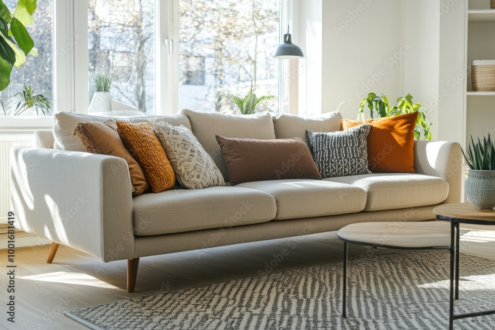 Fototapeta premium Cozy Modern Living Room with Stylish Sofa and Decor